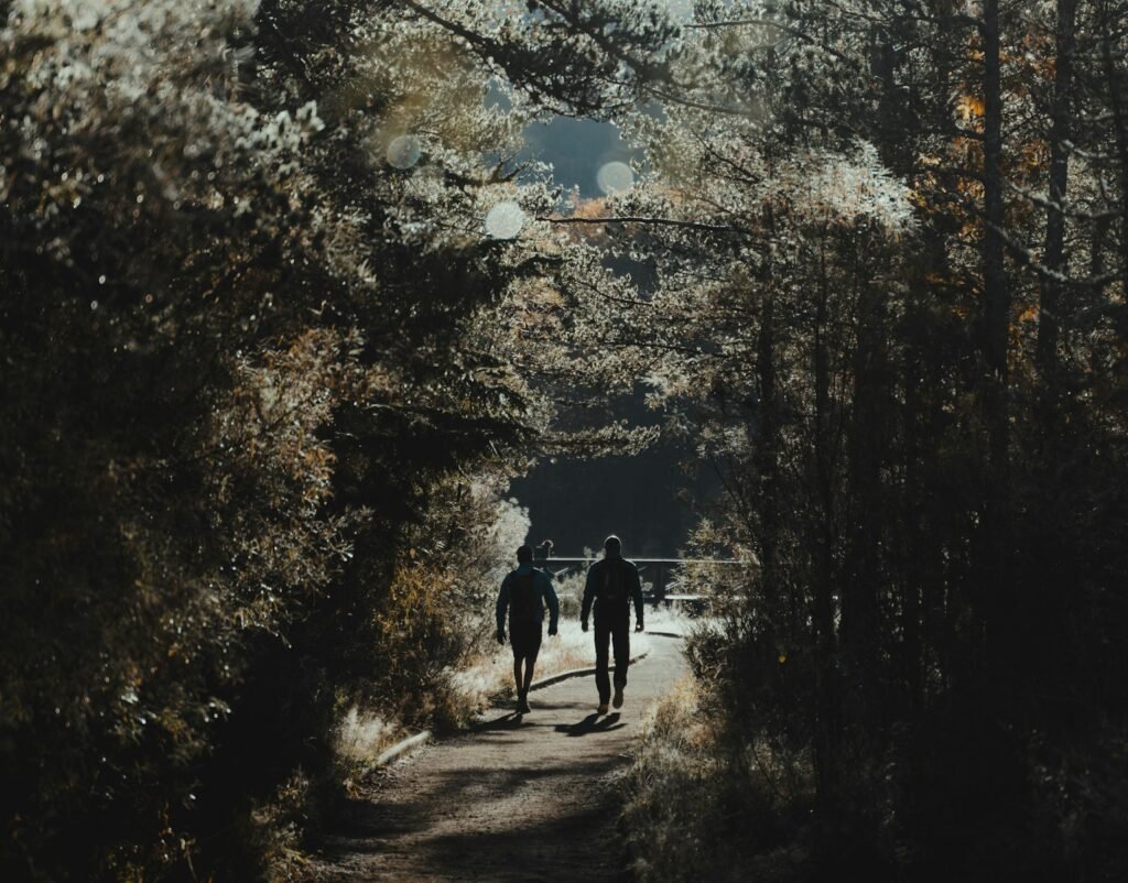 two people walking down a path in the woods